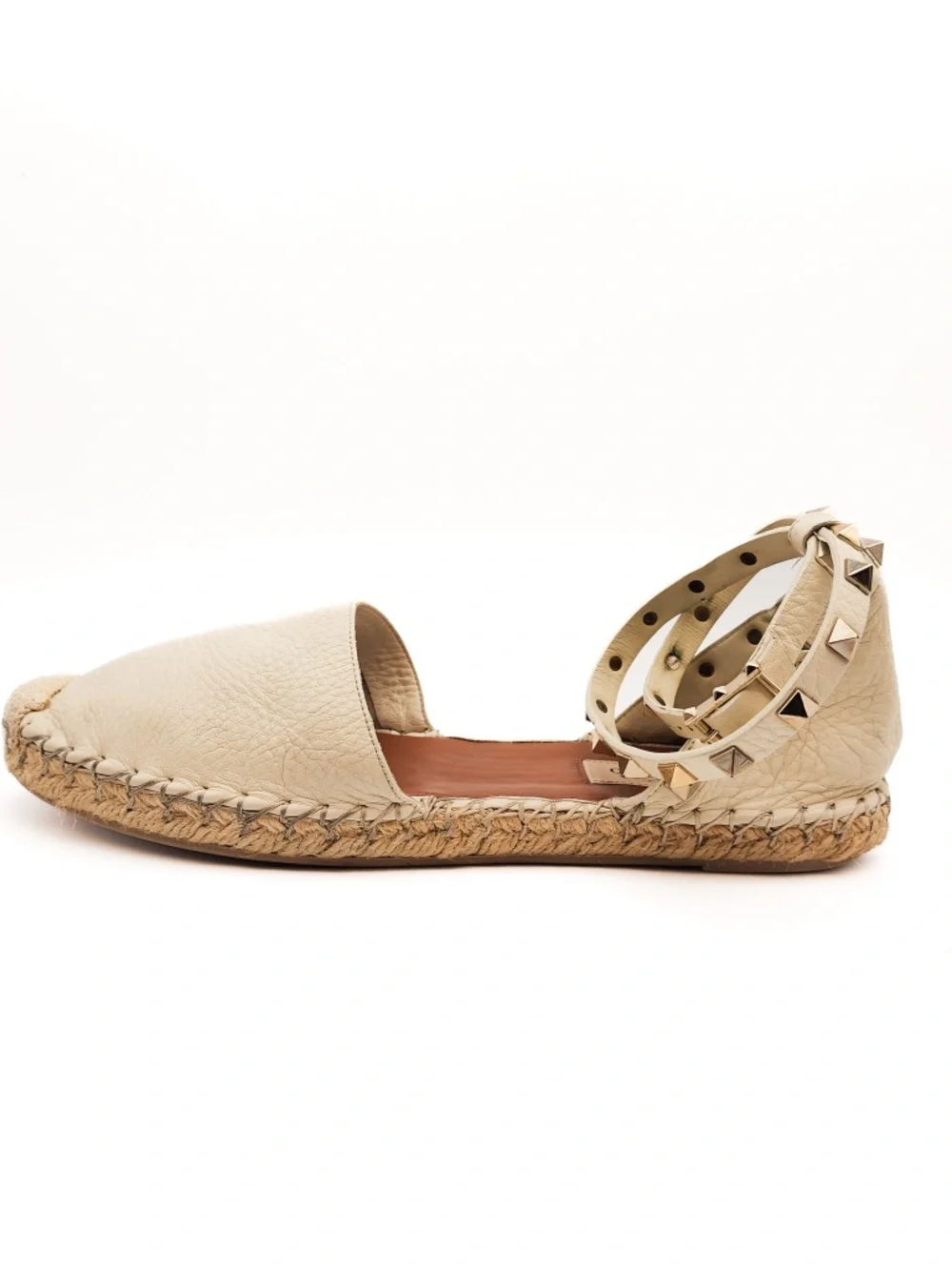 Valentino Garavani Rockstud Ivory Leather Espadrille Ankle Strap Flats EU 39